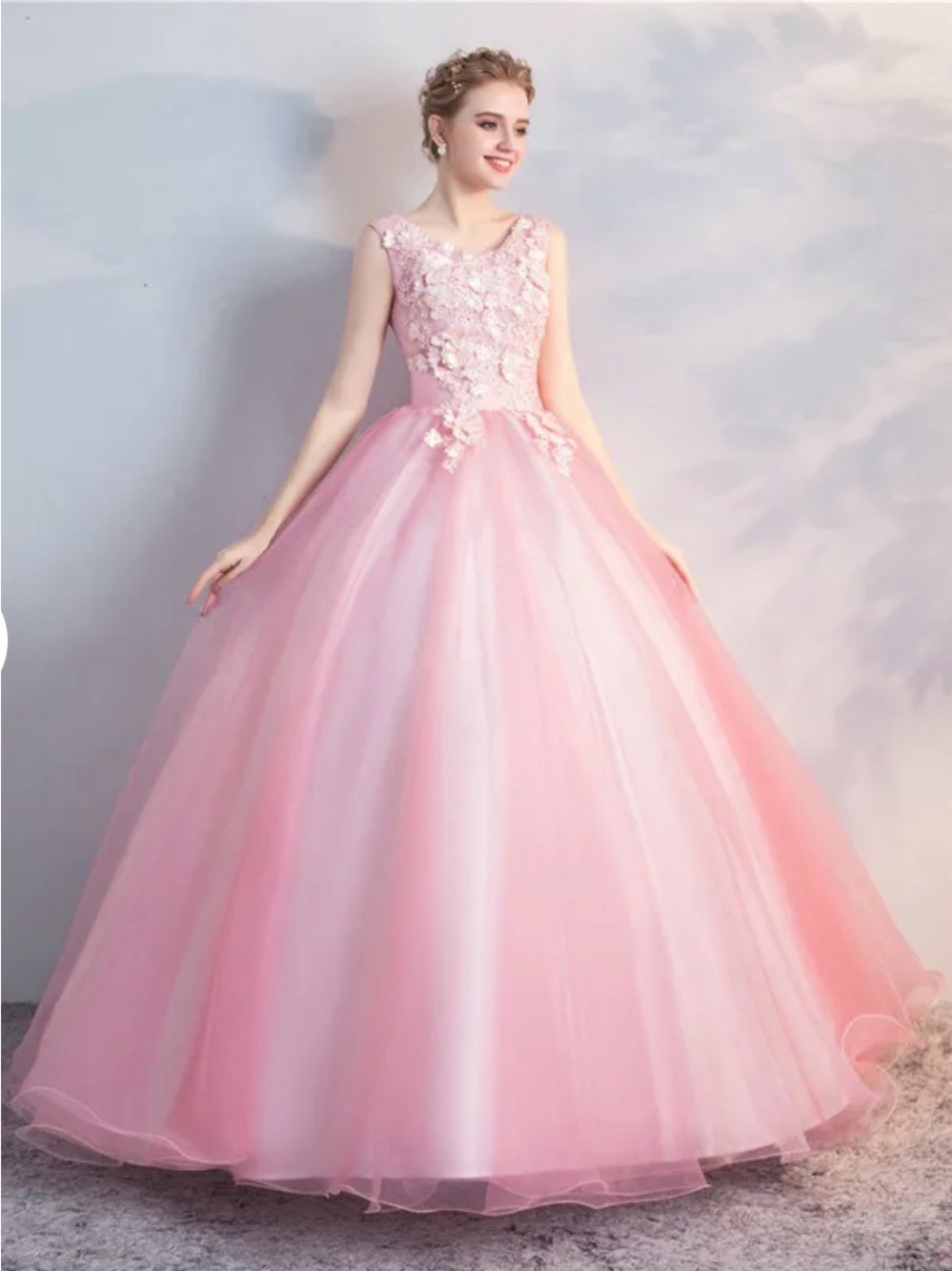 Pink Floral Appliqué Tulle Ball Gown Prom Dress